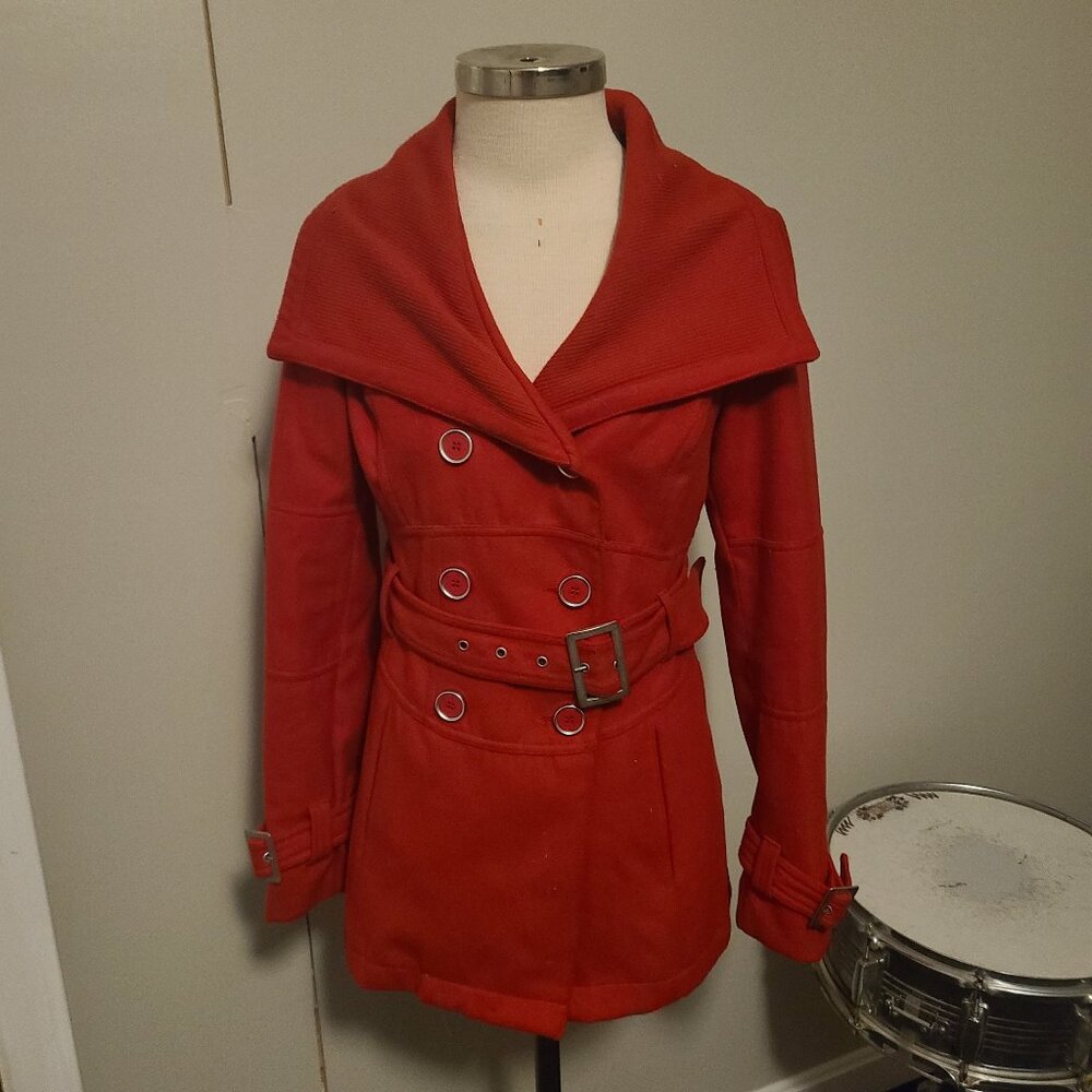 guess red peacoat